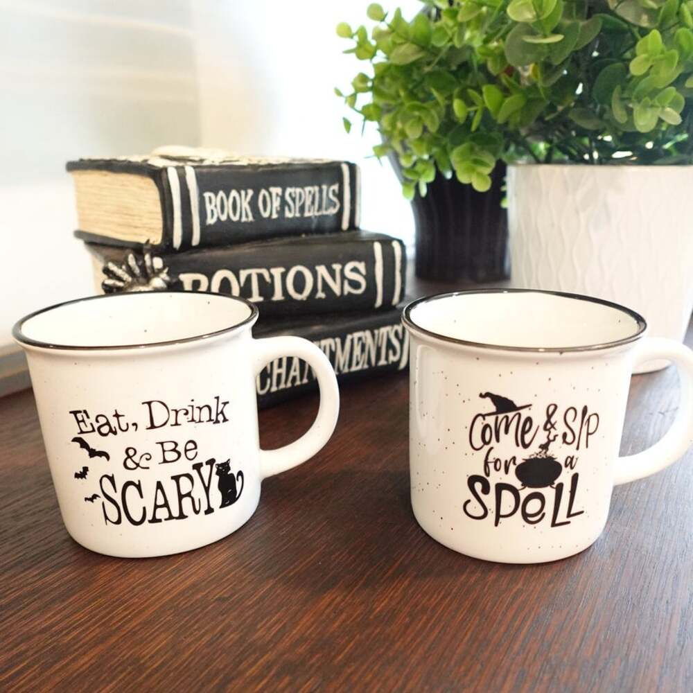 Set of 2 Witch Halloween Ceramic Mugs that look like Enamel ware!